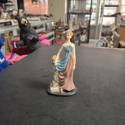 Beautiful Lady Leaning On A Pedestal W/Pink Roses 🌹  Art Nouveau Style, Hand-painted Resin Graceful Feminine Figure 6"H