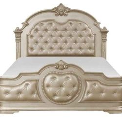 Elegant Queen Size Wood Bed W 2 Matching Marble Top Nightstands Gold Silver Champagne