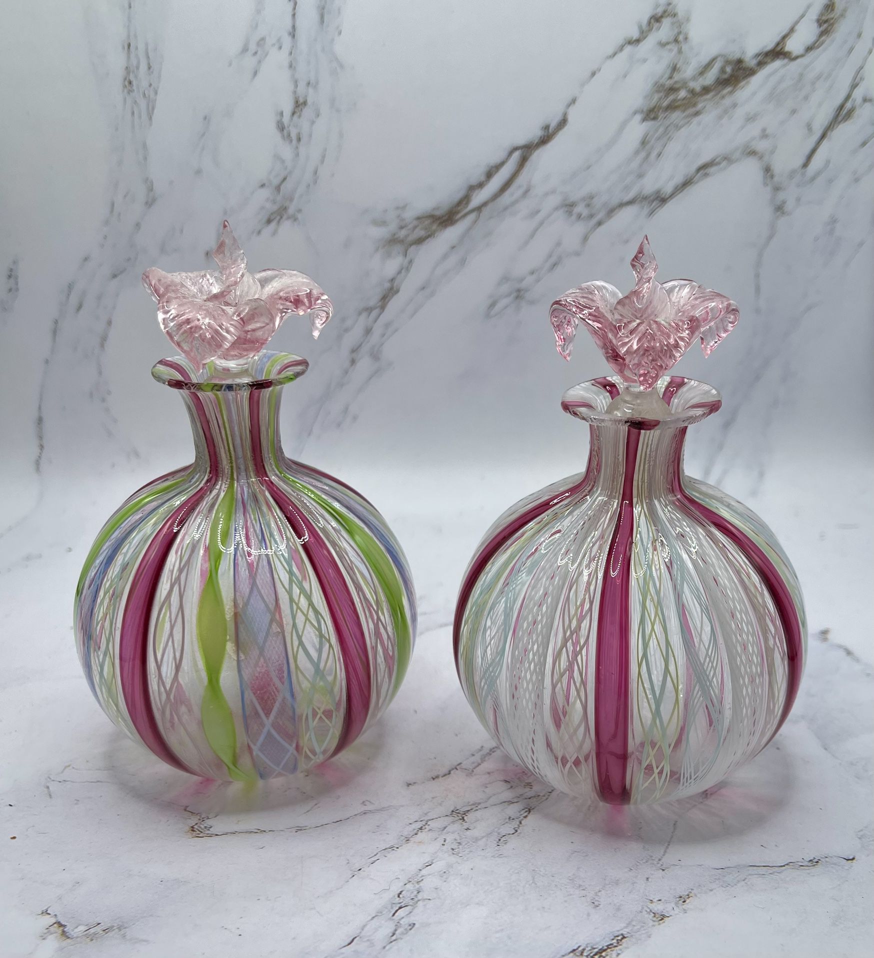 Murano Vintage 2 Venetian Glass Ribbon Perfume Bottles Flower Stopper Italy
