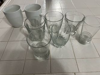 2 White Mugs + 6 Clear Drinking Glasses