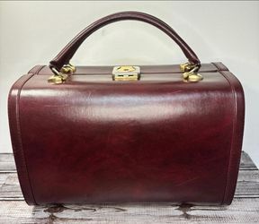 Vintage burgundy faux leather medicine bag train case good luck gold metal lock