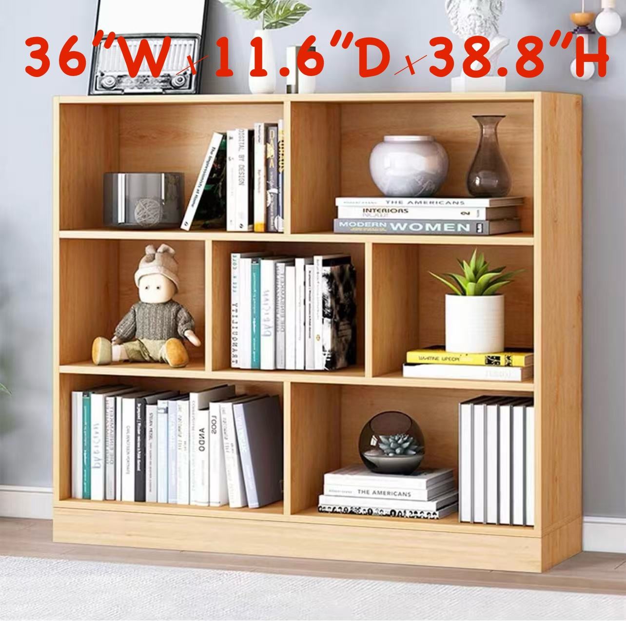 🥨Open Shelf Low Bookcase - Wooden 3-Tier Floor Standing Display Cabinet Organizer with Base, 7 Cubes Short Horizontal Bookshelf,  Pear Yellow