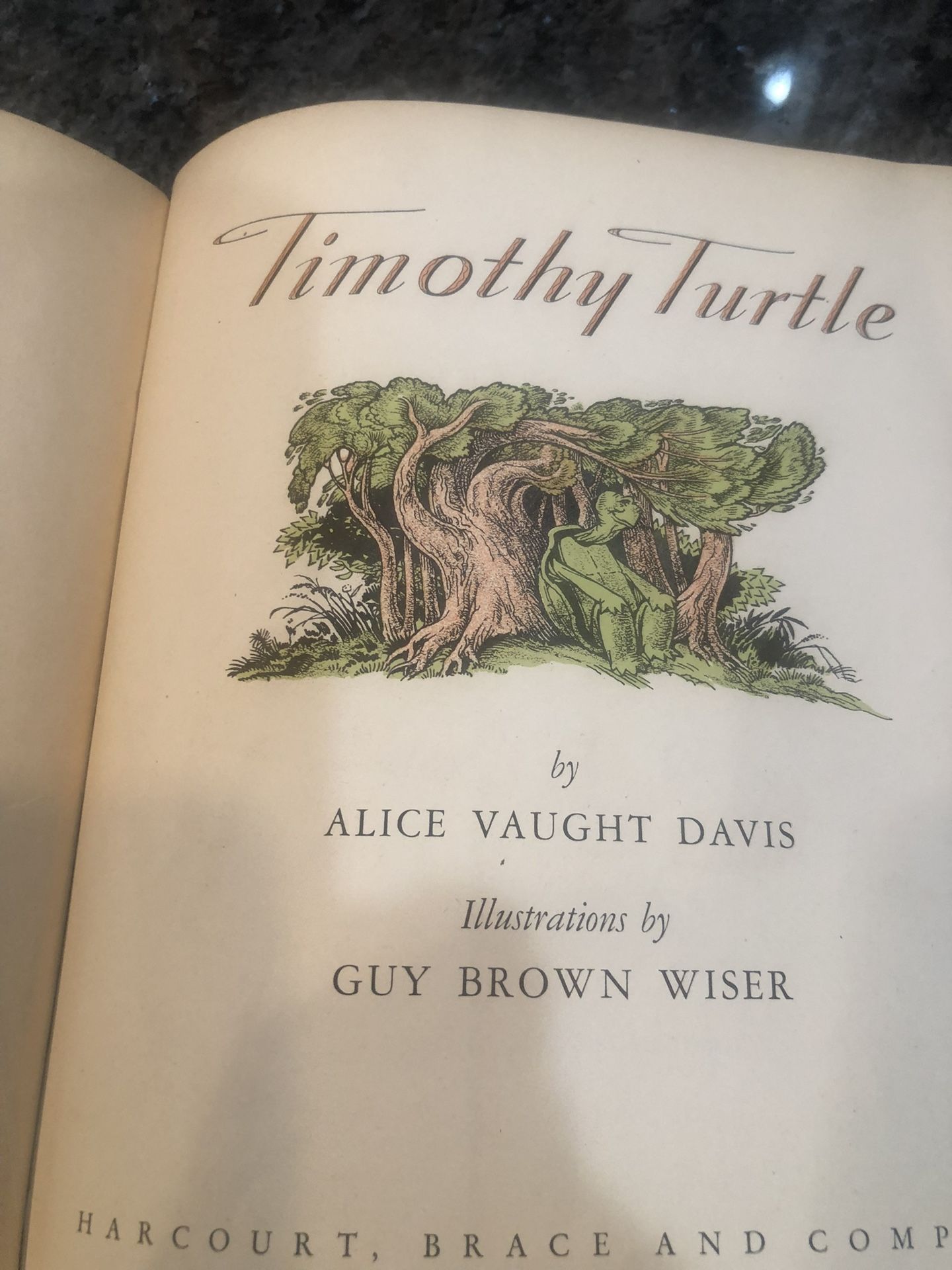 1940 Book Title “Timothy Turtle “. By Alice Vaught Davis. Illustrations by Guy Brown Wiser. Harcourt, Brace and Company New York. Inside is a writt