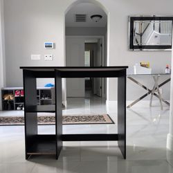 Black Desk With Storage Cabinet's Included And A Black Rolling Chair 