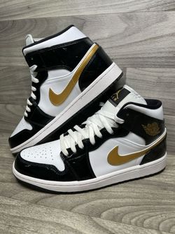 Nike Jordan 1 Mid Patent Black White Gold 852542-007 Sz 10.5 (A1D034078)
