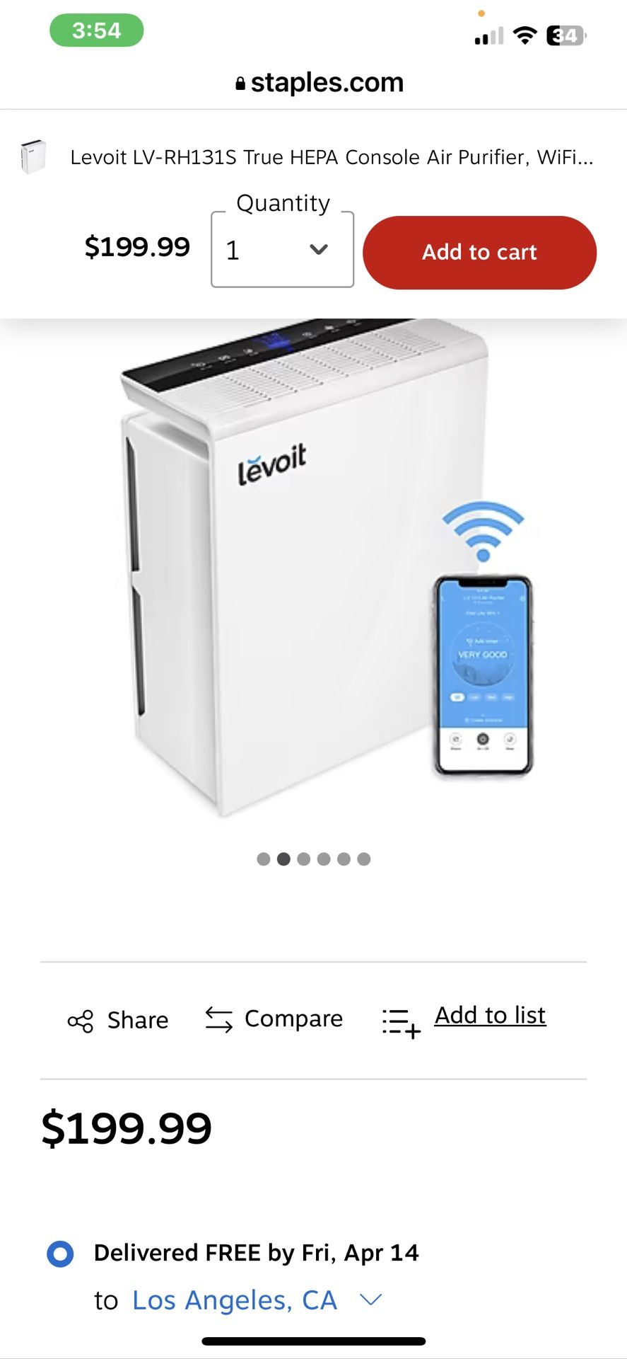Levoit Air Purifier With Hepa Air Filter
