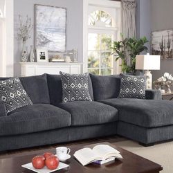 L-Sectional W/ Right Chaise - Contemporary Gray Chenille Fabric - Modular Design Seats With Memory Foam