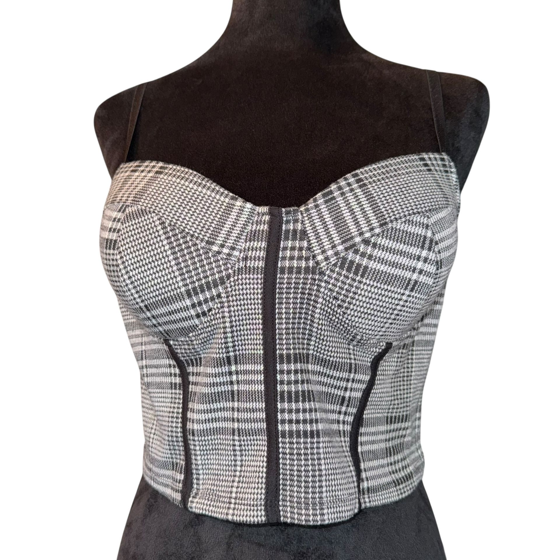Haute Monde Bustier Top Black White Plaid Pattern Cropped Strappy Retro 90’s The Haute Monde Bustier Top in black and white plaid pattern is a styl
