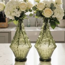 Set of 2 Italian Glass Harvest Green Fruit Bottles Jugs Vintage