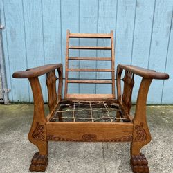 Antique Morris Recliner Chair Tiger Oak Claw Feet Cast Iron Hardware 