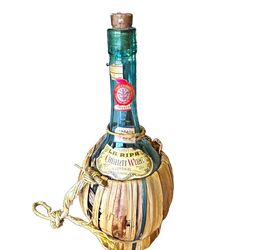 Green Chianti Wine Bottle in Straw/Wicker Basket with Cork Stopper