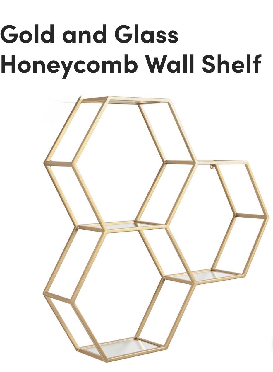 Honeycomb Wall Shelf (Gold) w/ 5 Glass Shelves