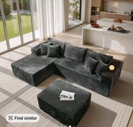 Dark Gray Corduroy Sectional Sofa with Ottoman