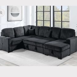 New!120” Black Sectional With Pull-out Bed, Sectional Couch, Black Couch, Black Sectional, Black Sofa, Sleeper Sofa, Sofabed, Black Sofa Bed, Couch