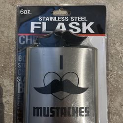 Spencer's Gifts “I Love Mustaches” 6oz. Stainless Steel Flask New