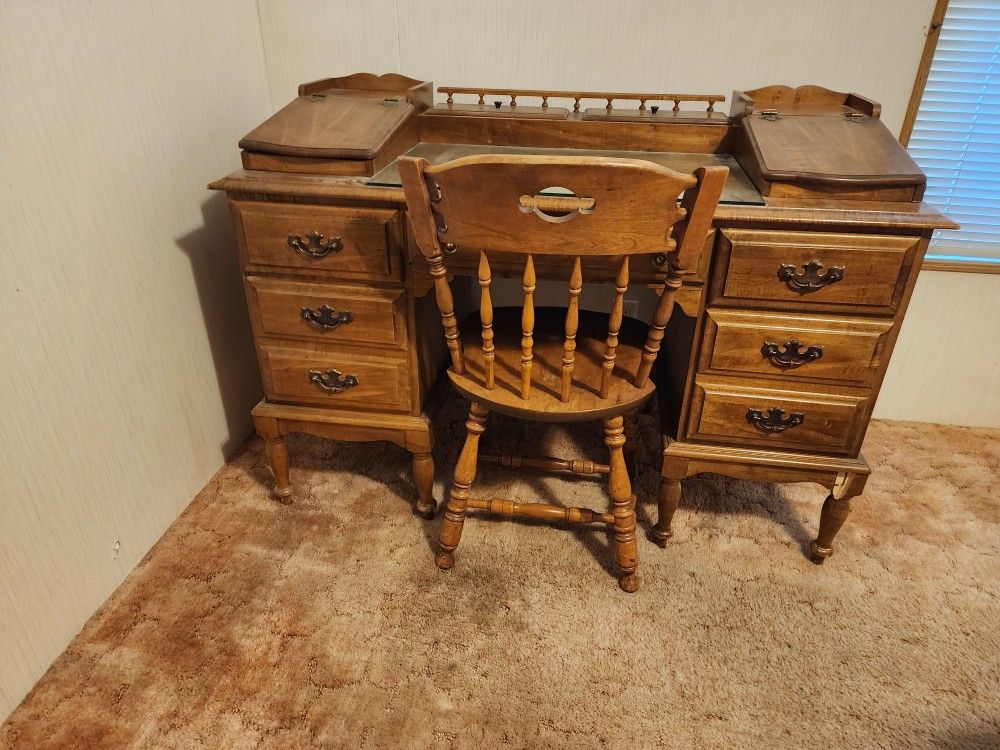 Antique Maple Desk With Fun Cubbies And Antique Chair