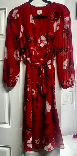 A New Day Red Floral Chiffon Long Sleeve Lined Midi Dress Size S
