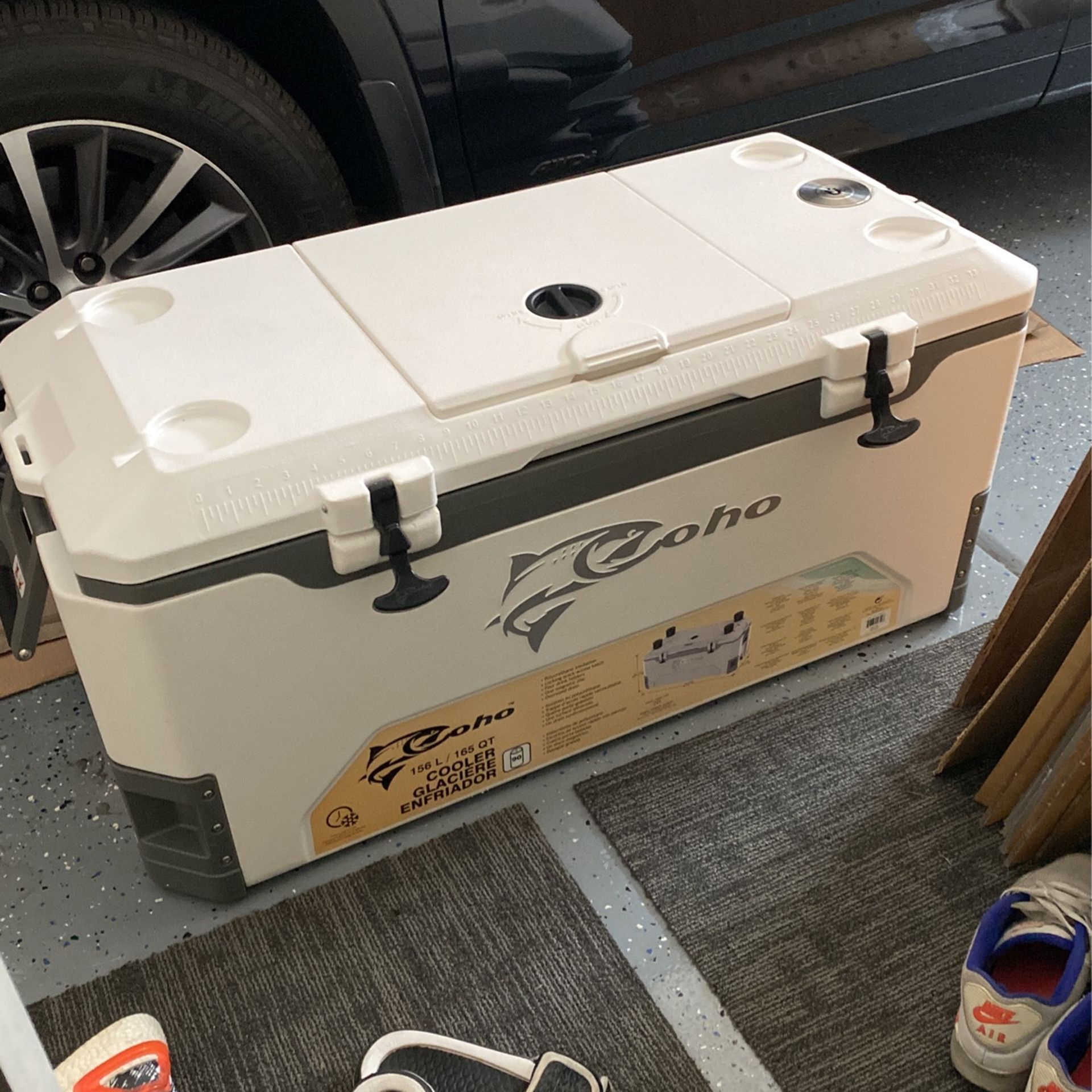 COHO 165 QT Ice Chest, Heavy Duty, High Performance Insulated Cooler with Fish Ruler, Removable Threaded Cup Holders, Magnetic Disc, Tie Down Loop