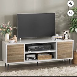 Mid-Century 2-Door TV Stand for TVs up to 65", White&Walnut