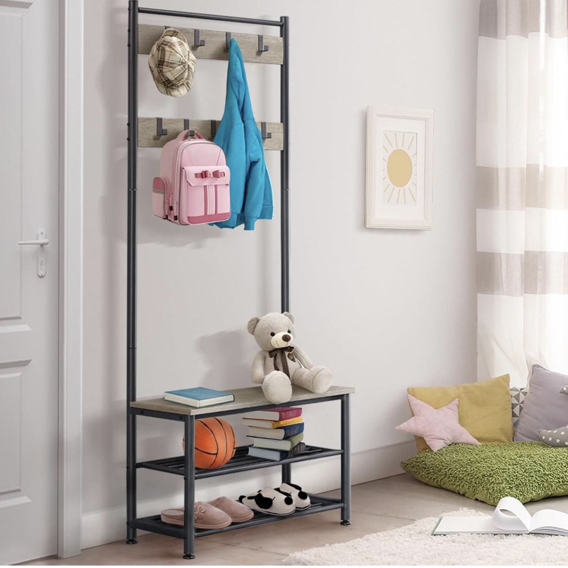 Coat Rack, Hall Tree with Shoe Bench, Entryway Shoe Storage with Coat Rack Stand, 9 Movable Hooks, Industrial Entryway Furniture, Gray