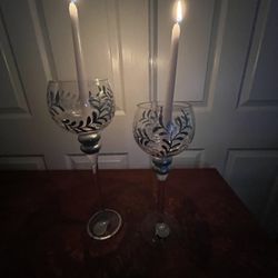 Set of 2 Etched Glass Hurricane Goblet Candle Holders – 16” & 14”