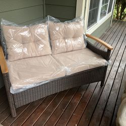 Rattan Patio Sofa with Acacia Wood 