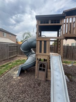 Wooden Backyard Playset with Slides and Swing