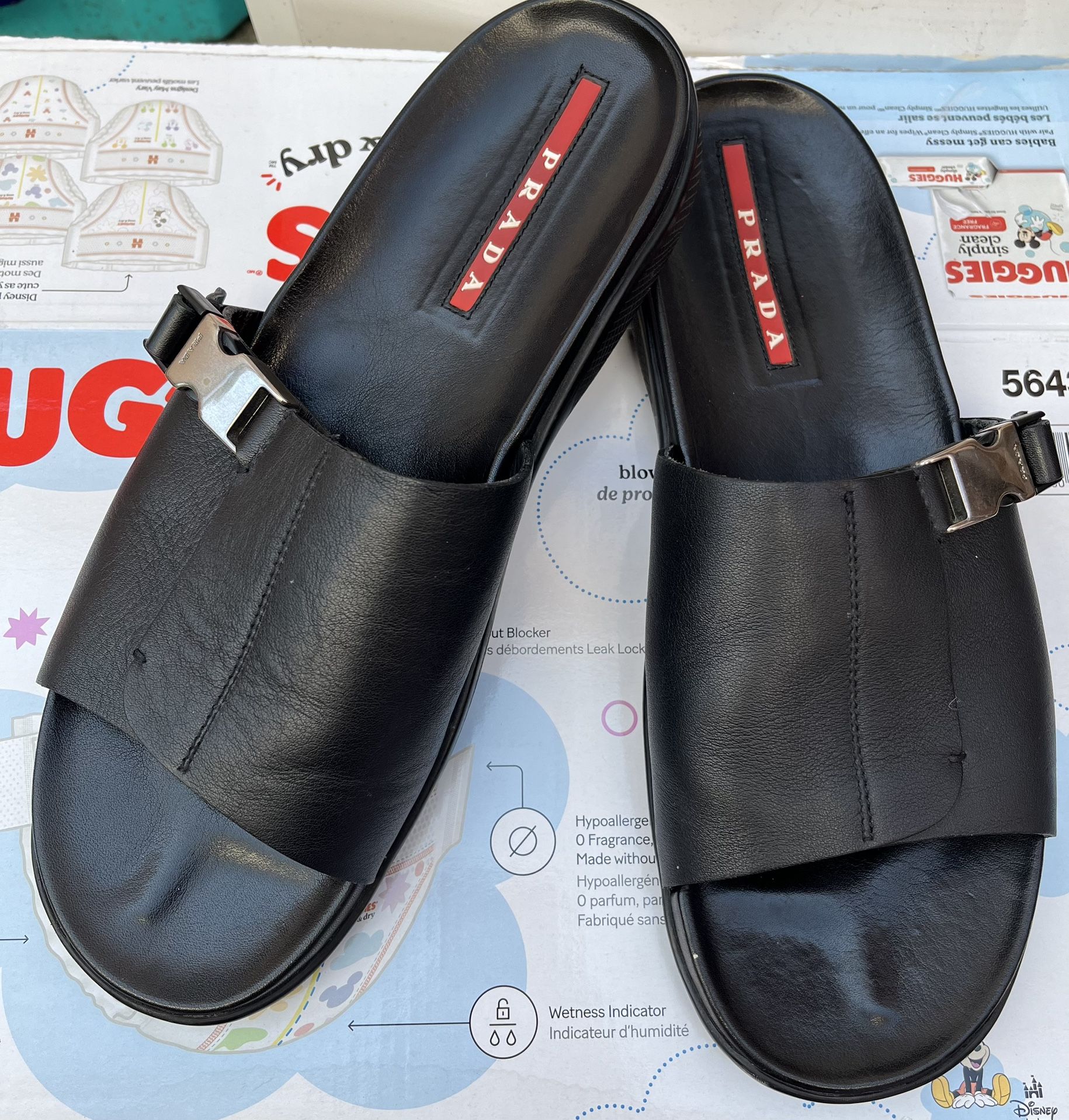 Prada Men's Black Leather Slide Sandals