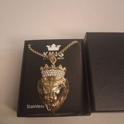 Stainless Steel Gold Tone Lion Head Necklace