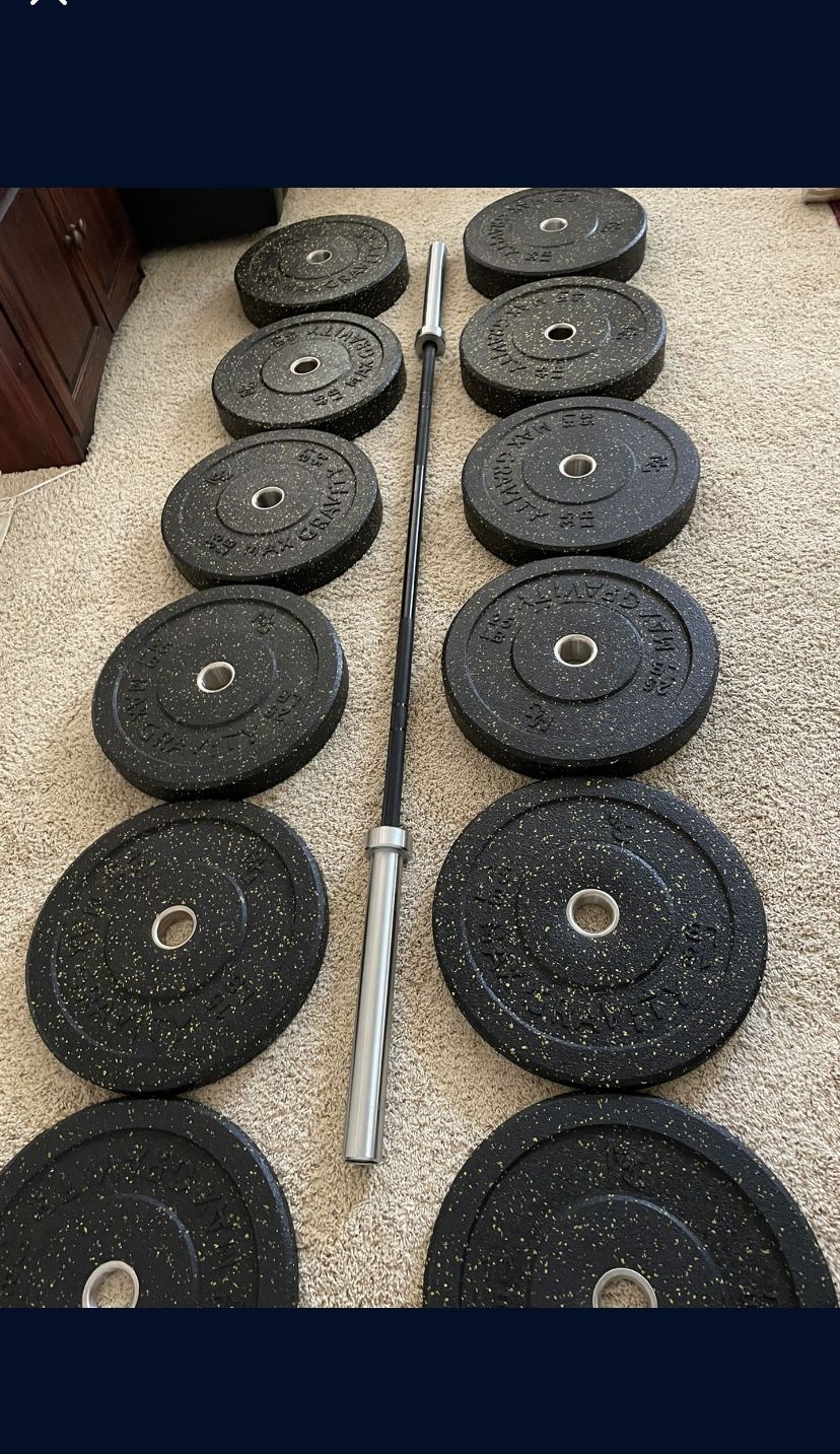Full Set Bumper Plates + Zinch Olympic Barbell