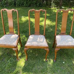 Set Of 3 Antique Queen Anne Style Dining Chairs Oak Wood Ann Vintage