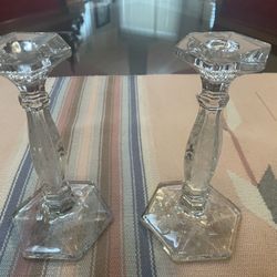 Vintage  Pair of Etched Glass Heavy Glass Candlesticks 