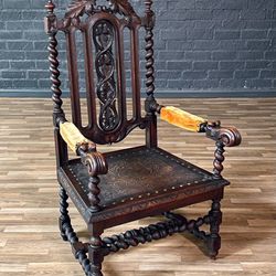 English Baroque Oak & Tooled Leather Armchair w/ Barley Twist Legs, c.1910's - Delivery Available 