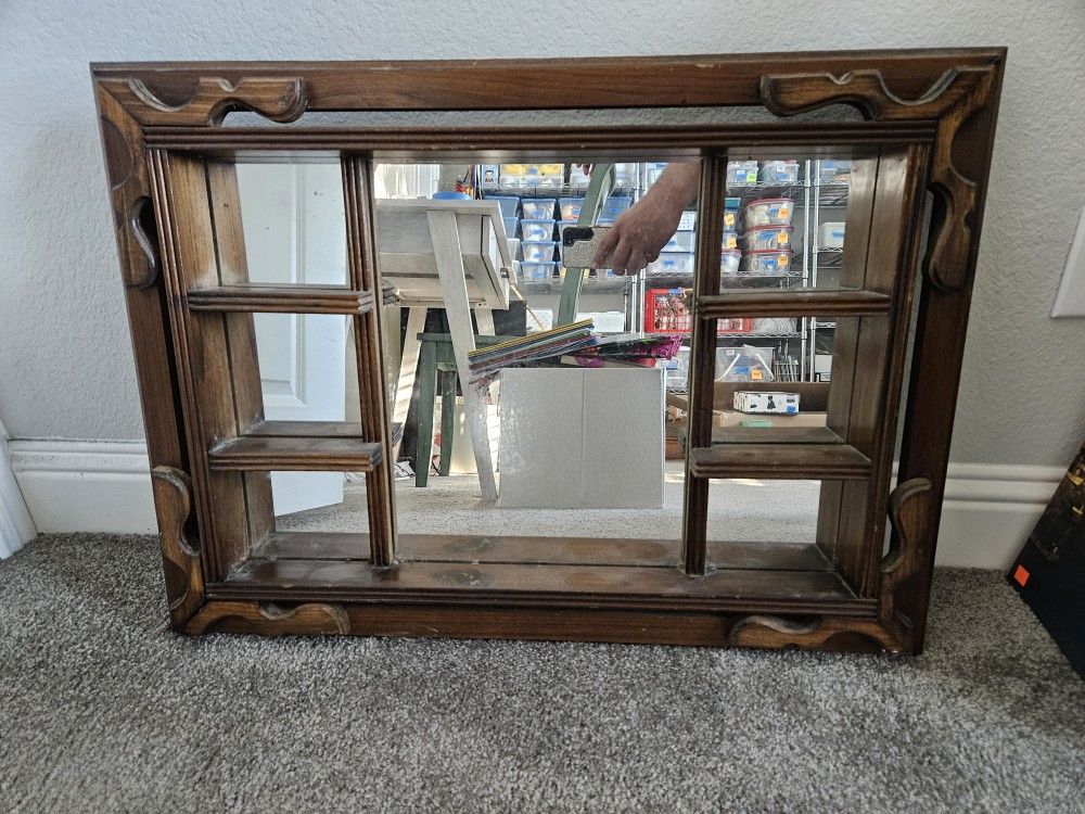 Vintage Wood Mirror With Shelves