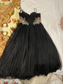 Size 13 Blondie Nites Full Length Black Gown with Floral and Rhinestone Embellishments