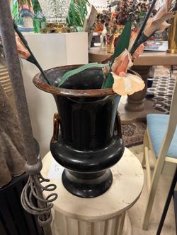 Black Glazed Ceramic Urn Vase with Handles