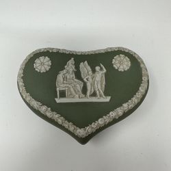 Vintage Wedgwood Sage Green Jasperware Heart Shaped Trinket Box