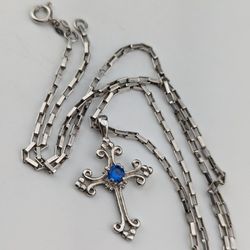 Vintage 925 Silver Simple Gothic Style Lab Created Sapphire Gemstone Cross Necklace 18.5" 

