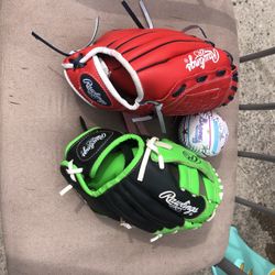 Pair (RH & LH) of Rawlings Youth Player Gloves & Braves Ball - Compare @ $40+