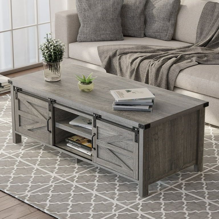 AkoaDa 48 Inch Farmhouse Coffee Table with Sliding Barn Door,Wood Cocktail Table Rectangular Center Tables with Storage Cabinet and Adjustable Shelves