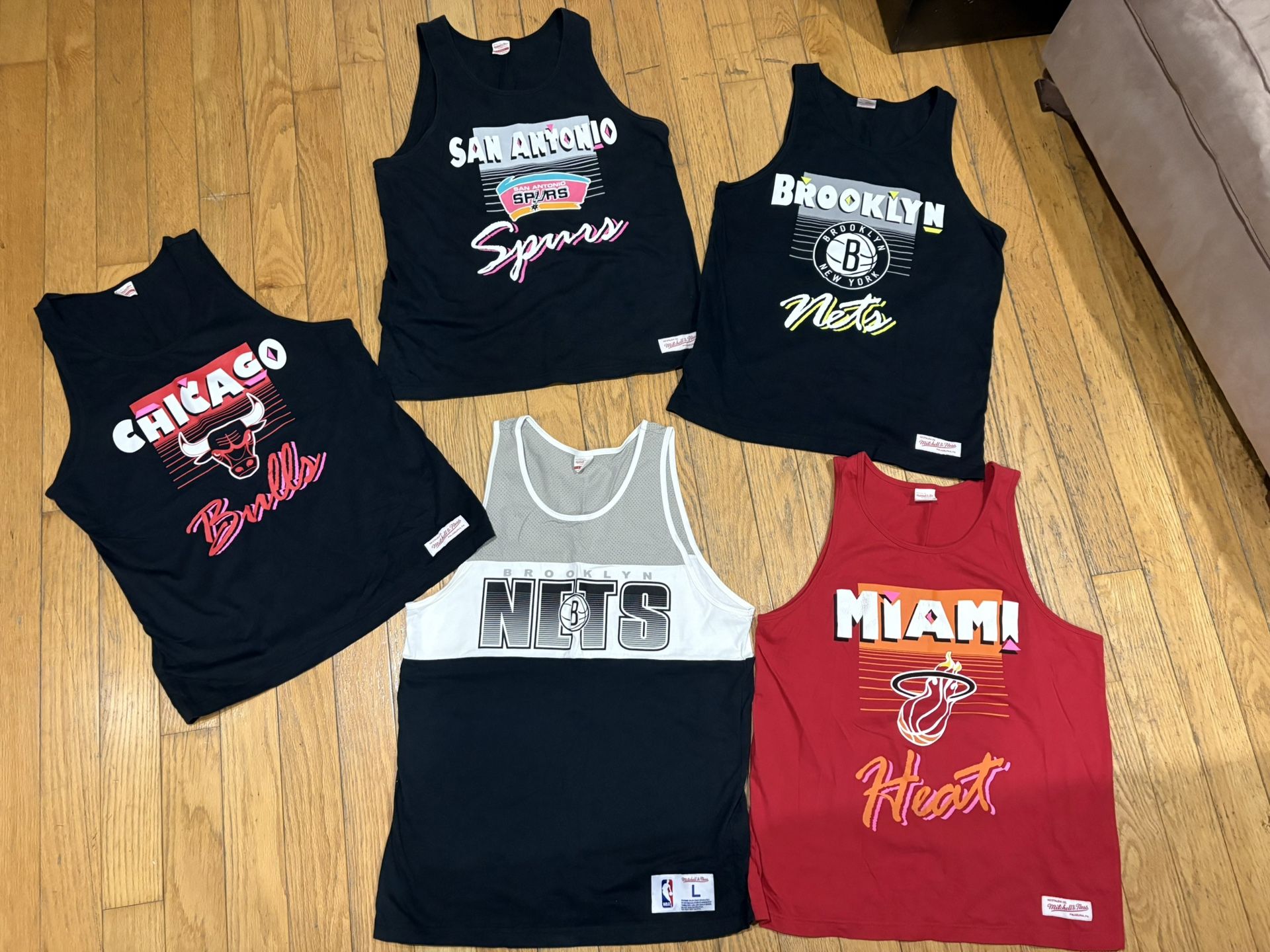 5 Mitchell and Ness Jerseys Large. Bulls Miami Adidas Shirts Jacket Jerseys Vest Jordans Yankees Nets Mets Knicks Nike Weights Carhartt Patagonia