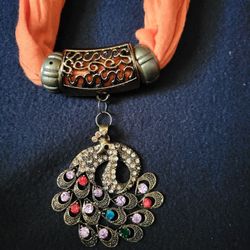  Orange Scarf Necklace With Peacock  Pendant With Rhinestones 
