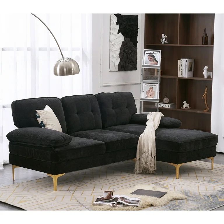 L Shaped Sectional Sofa, 83" Chenille Fabric Upholstered Modern Tufted Couch, 3 Seats Wide Chaise Lounge for Living Room Black