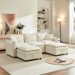 92" Cloud Sectional Sofa with Storage Ottoman, Chenille L Shaped Couch for Living Room, White