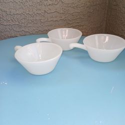 3 Vintage Fire King Milk Glass Handled Bowls