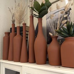 Lot of 8 various size terra cotta vases bottles with dried plants