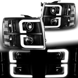 For 2007-2014 Chevy Silverado LED DRL Black Projector Headlights Clear Reflector -(4-HL-SILV07-DRL-BK-CL
