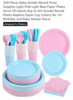 350 Pieces Baby Gender Reveal Party Supplies Light Pink Light Blue Paper Plates Serve 50 Guests Boy or Girl Gender Reveal Plates Napkins Paper Cup Cut