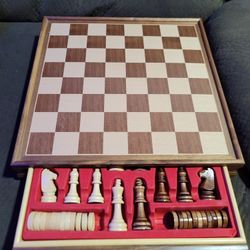 Chess & Checkers Set 15" Solid Walnut Wood Box w/Drawer For Storage
