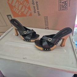 Heel Wedgesblack With Silver Studs & Rhinestone Heart On 1 Side